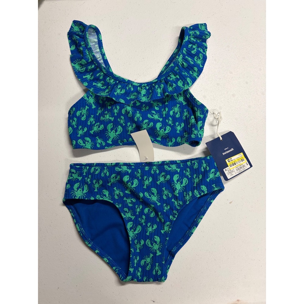 Roller Rabbit Target Girls Lobster Ruffle Bikini Set Blue Green Size M 8 NWT